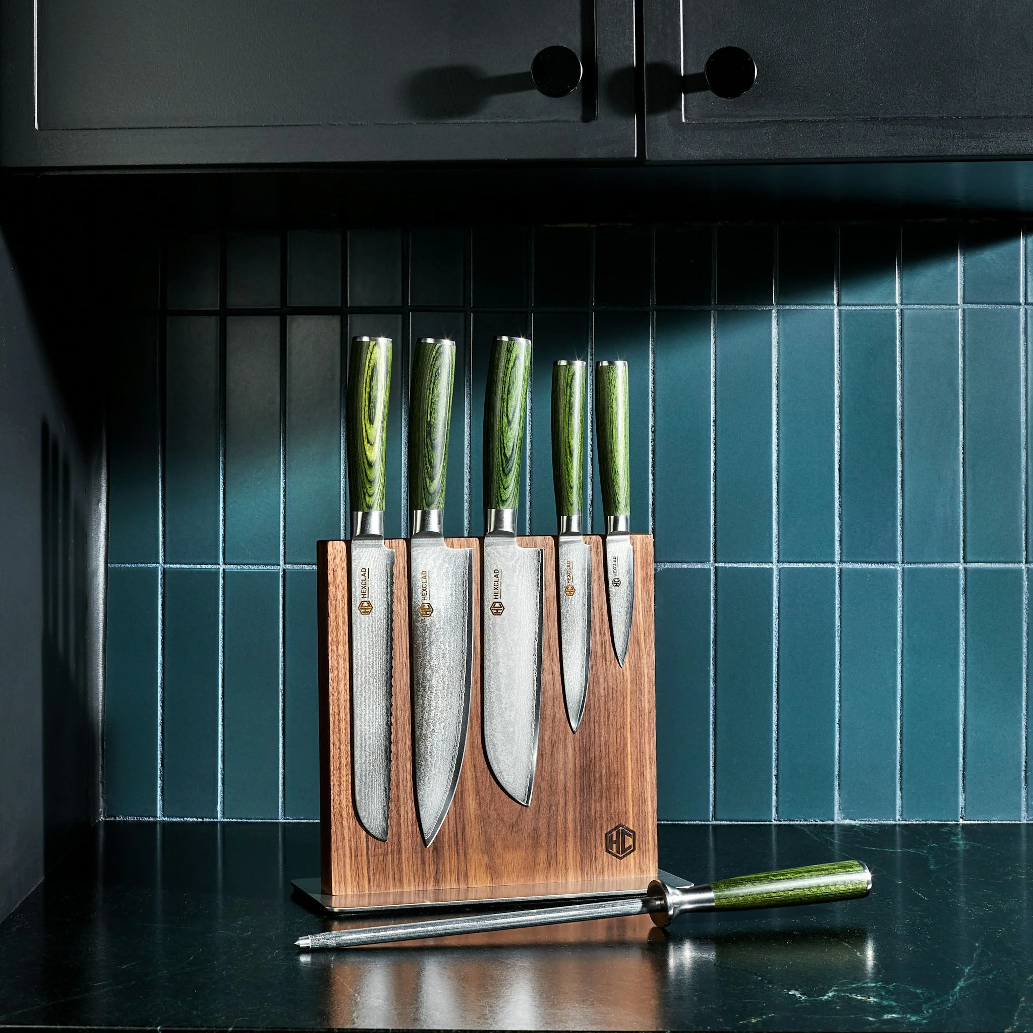 6 pc Japanese Damascus Steel Knife Set w/ Magnetic Knife Block - Image 6